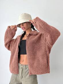 EURMUSE Women Casual Versatile Solid Color Fluffy Regular Jacket - Baby Pink - View 3