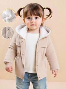 SHEIN Vintaside Kids 女童卡其色可爱脸连帽舒适时尚休闲棉服外套，秋冬 - 杏色 - 查看 9