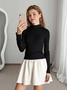 SHEIN Elegant Commuter Dress With Turtleneck Long Sleeve Black Top And Contrast Pleated Skirt, For Teen Girls Fall Winter - Black - View 4