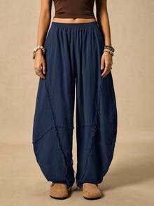 Easelle Women's Casual Fashion Street Chic Minimalist Solid Color Elastic Waist Side Pockets Raw Edge Banana Pants Boho Pants For Women Harem Pants Women Baggy Pants Women Tassel Pants - Navy Blue - View 3