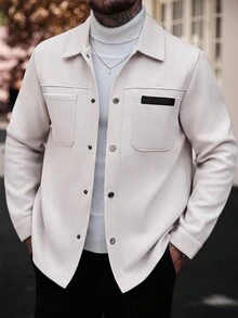 Manfinity CasualCool Men Solid Color Casual Long Sleeve Overcoat, Suitable For Autumn And Winter Men Cream Button Up Overcoat