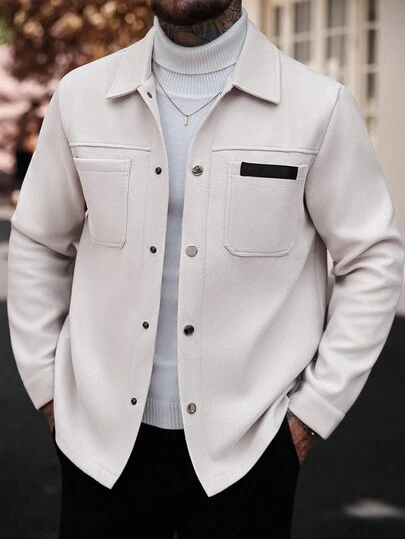 Manfinity CasualCool Men Solid Color Casual Long Sleeve Overcoat, Suitable For Autumn And Winter Men Cream Button Up Overcoat