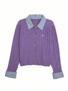 Chiquease Áo khoác len cardigan ngắn 2 trong 1 chắp vá thời trang lấy cảm hứng từ Blogger, phong cách Châu Âu và Mỹ - Màu tím  Violet - Xem 6