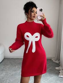 Selianne Vestido de suéter de manga larga con cuello redondo elegante para mujer, con decoración de piel de visón, lentejuelas y lazo, versátil para Navidad, Año Nuevo, otoño/invierno - Rojo - Ver 3