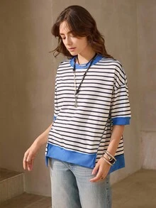 Wildy 休闲美式乡村风蓝色条纹宽松中袖卫衣，蓝白条纹上衣，女士半袖上衣，学院风条纹上衣，蓝白条纹上衣，女士西部牛仔风上衣，乡村教师风上衣，适合秋冬季外出穿着 - 藍色 - 查看 2