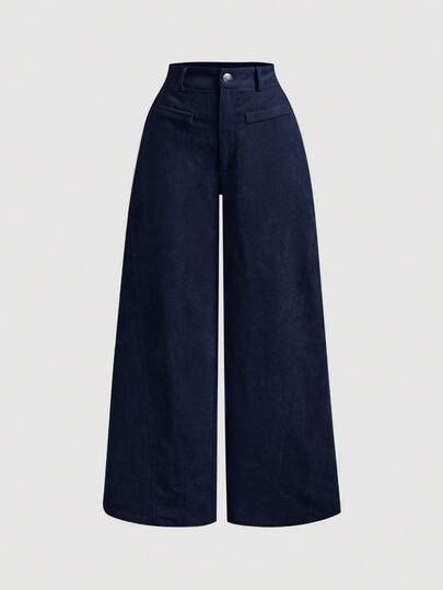 SHEIN MOD Pantalones de pana de unicolor vintage y simples para mujer de talla grande, pantalones de mujer azul marino, pantalones anchos de mujer