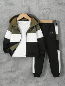 SHEIN Explorewe Young Boy Collegiate Style Color Block Zip-Up Hoodie Set, Spring/Autumn Fall Winter - Army Green - View 3