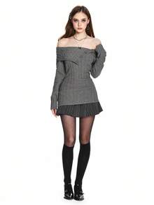 ROMWE Y2K 风格露肩罗纹针织收腰毛衣 - 深灰色 - 查看 4