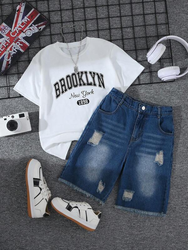 Tween Boys Hip-Hop Stylish Black Letter Print Loose Fit White Short Sleeve T-Shirt + Vintage Light Blue Washed Ripped Loose Fit Denim Mid Shorts Casual Daily Wear Outfit Set Summer Holiday