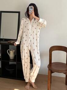 DAZY 熊印花全身插肩袖宽松女式睡衣连体裤，秋季 - 白色 - 查看 6