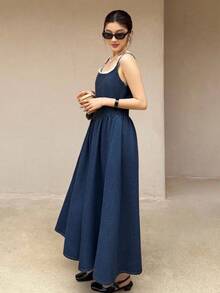 K-Vae 女士四季牛仔连衣裙、女士冬装、蕾丝领长裙、派对连衣裙、新年装 - 中等水洗藍 - 查看 4