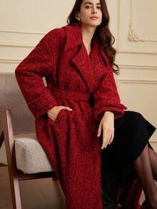 BELROSIE Shiny Dark Red Cinched Waist Long Overcoat,Lustrous Blended Soft Elegant Autumn Design,Perfect For Dinner Date,Parties Or Everyday Wear - Red - View 5