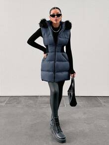 EURMUSE Fuzzy Trim Hooded Puffer Vest Coat - Dusty Blue - View 4