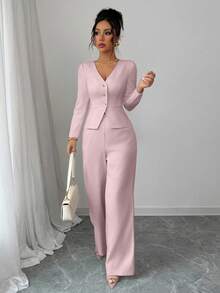 Elenzga 女士优雅长袖西装外套和裤子套装，商务/通勤风格，适合夏季、独立日、毕业典礼、返校 - 粉色 - 查看 6