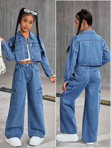 女童青少年新款水洗牛仔两件套，短款牛仔夹克 + 宽腿宽松牛仔裤，休闲装 - 中等水洗藍 - 查看 7
