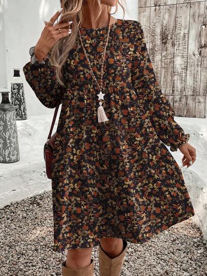 EMERY ROSE Women's Retro Black Floral & Maple Leaf Print Round Neck Ruffle Long Sleeve Short Dress,Autumn Boho Vacation Holiday Fall Winter Summer Dresses