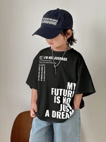 SHEIN Young Boys' Casual Korean Style Letter & Graphic Print Crew Neck Short Sleeve Knit White T-Shirt, Suitable For Commuting, School, Daily Casual, Vacation, Sports, Spring, Summer, Autumn, Winter Seasons