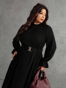 Elaquor Plus Size Elegant Solid Color Pleated Dress, Suitable For Commuting - Black - View 5