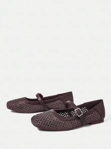Styleloop 女士户外圆头平底咖啡色编织网眼面料休闲舒适透气平底鞋，适合度假和旅行 - 咖啡棕 - 查看 5