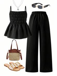 Sparklyn 2 件套青少年女孩休闲吊带背心和阔腿裤套装，梭织面料，松紧腰，夏季 - 黑色 - 查看 2