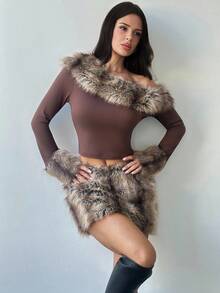 Firerie Elegante, romántico, lujoso, vintage, moda callejera, fiesta, urbano, chic, hombro oblicuo, cuello de piel sintética, manga ajustada, camiseta de manga larga con puños de piel sintética de corte ajustado para mujer, otoño/invierno