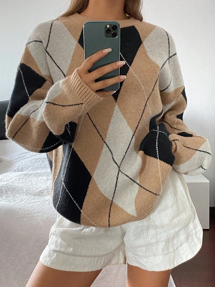 Livesso Pulover de damă în carouri, lejer, casual, cu model geometric, blocuri de culori, potrivit pentru ținute de birou, toamnă/iarnă - Kaki - Vizualizare 1