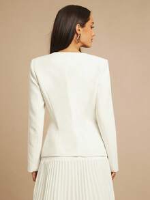 Silquee 女士优雅通勤纯色褶边连衣裙 - 米色 - 查看 7