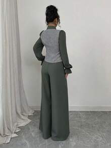 SHEIN Raffinéa 女士时尚优雅拼布衬衫和裤子两件套 - 軍綠色 - 查看 2