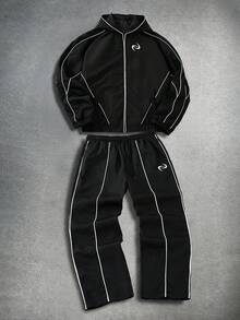 Manfinity Roghcode 男士休闲刺绣拉链连帽衫和裤子套装黑色两件套男士运动服男士慢跑套装慢跑服 Y2k 运动服男士万圣节派对，2000 年代风格，秋季服装 - 黑色 - 查看 3