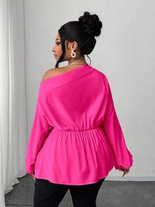 Maweii Áo sơ mi đi làm thường ngày màu trơn nhún vai hoa hồng cỡ lớn, eo xếp ly - Màu Hồng Tươi - Xem 2