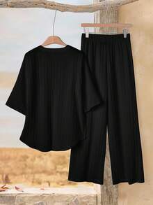 Rusticease Conjunto de top de manga corta y pantalones de unicolor de tela a rayas para mujer, de estilo casual