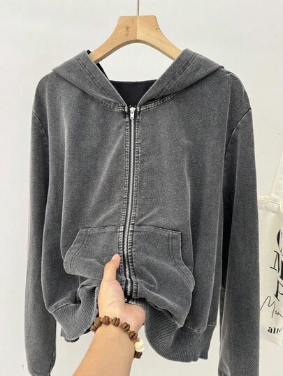 SHEIN EZwear Plus Size Distressed Acid Wash Cotton Sweatshirt Zip-Up Jacket Autumn Winter Clothes For Women