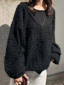 FRIFUL Women's Ribbed Texture Fluffy Patchwork Loose Casual Sweater - Black - View 1