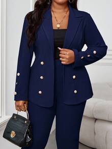 SHEIN Lady 2025新款秋冬优雅海军蓝针织翻领纽扣长袖加大码仿皮草大衣情人节新年女装套装女士西装外套西装外套和裤子套装商务休闲女装两件套女士办公室套装棕色连衣裙 - 藏蓝色 - 查看 3