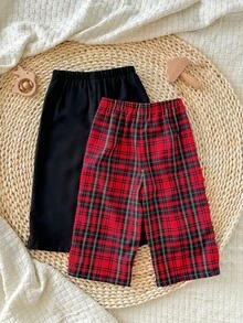 2pcs Baby Girl Cute Casual Knit Plaid Elastic Waist Pants Fall Winter - Multicolor - View 2