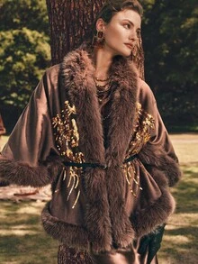Anewsta Chaqueta capa de mujer con diseño de lentejuelas y parches de piel de zorro de lujo - Marrón - Ver 10