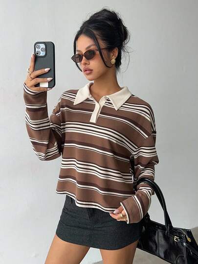 Aloruh Women's Autumn/Winter Striped Polo Sweatshirt, 2 In 1 Y2K Retro College Style Casual Outerwear Top Fall Clothes For Women Halloween Costumes Winter Clothes  Winter Clothes For Women Tops Blouses For Women Long Sleeve Tops Casual Blouses For Ladies Fall Clothes For Women Halloween Halloween Costumes Winter Clothes  Winter Clothes For Women , Halloween Fall Clothes For Women Fall Women Clothes Halloween Costumes Winter Clothes Winter Clothes For Women Brown Top
