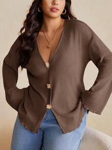 Elaquor Plus Size Pearl Button Deep V-Neck Long-Sleeved Knitted Coat Clothing Cardigans Brown Sweaters Curve Cardigan Earthy Size/Spring Fall - Coffee Brown - View 7
