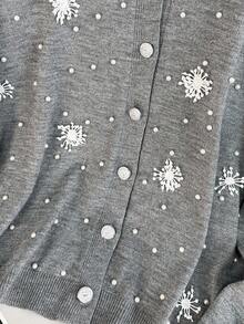 Modelyn Áo khoác cardigan thời trang thanh lịch cỡ lớn với họa tiết hoa đính hạt 3D, Thu/Đông - Xám - Xem 4