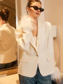 Poéselle Sequin Tweed Blazer With Dramatic Feather Cuffs – Luxe Party-Ready Suit Jacket, Feather Cuff Blazer, Sequin Tweed Jacket, White Statement Blazer, Holiday Party, Glam Power Suit, Old Money Aesthetic, Pearl Embellished Jacket, Festive Women's Blazer, Christmas , Women's Sequin Patchwork Faux Fur Trim Single-Breasted Blazer, Winter - Apricot - View 6
