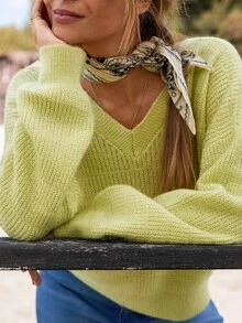EURMUSE 女款時尚萊姆綠針織毛衣 V 領露背蝴蝶結設計長袖寬鬆套頭上衣，休閒可愛秋季早午餐穿搭上衣 - 黑與白 - 查看 8