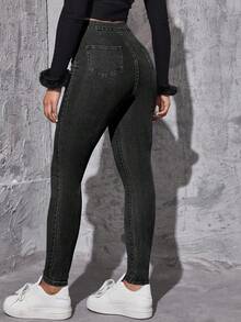 SHEIN Essnce Quần jean bó cạp cao màu trơn đơn giản dành cho nữ đi làm thường ngày - màu đen - Xem 2