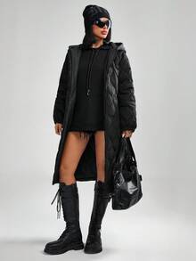 CasuGlow Women Hooded Pocket Detailed Long Quilted Winted Coat - Black - View 5