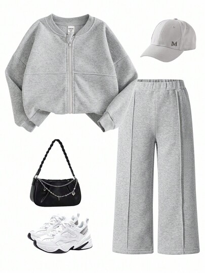 SHEIN 2 pièces/Set Veste ajustée élégante et pantalon large taille haute pour jeunes filles, Printemps/Automne