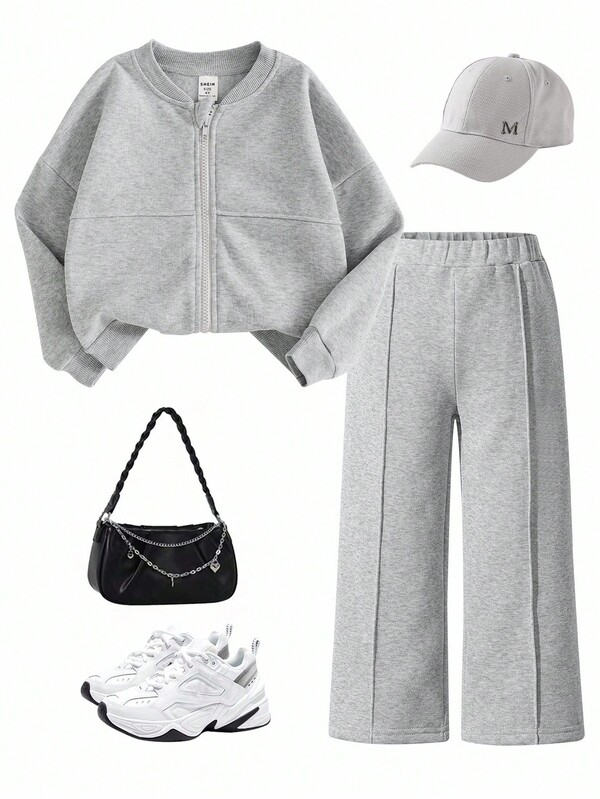 SHEIN 2pcs/Set Young Girls Elegant Slim Fit Jacket And High Waist Wide Leg Pants Set, Spring/Autumn Fall Winter