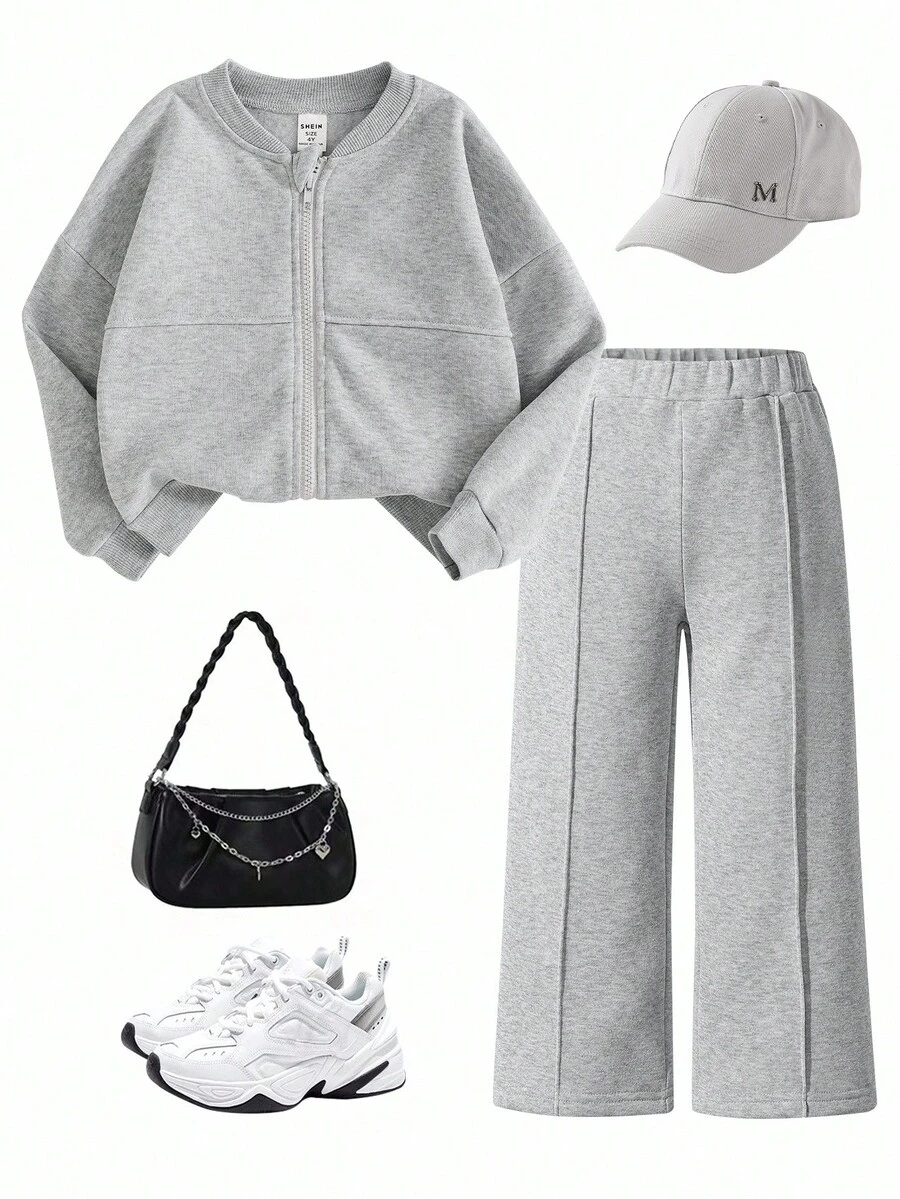 SHEIN 2pcs/Set Young Girls Elegant Slim Fit Jacket And High Waist Wide Leg Pants Set, Spring/Autumn Fall Winter