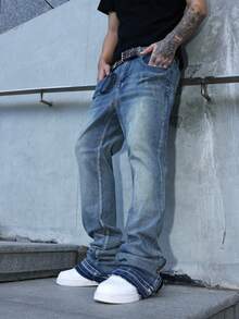 Manfinity EMRG Avant-Garde Men's Medium Wash Wide Leg Denim Jeans With Zipper Detail Long Plain Pattern For Casual Wear - Medium Wash - View 5