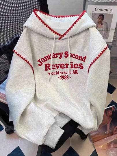 Resyla Plus Size Women Hoodie With Letter Print, Drawstring, Floral Trim, Long Sleeve, Casual, Autumn/Winter