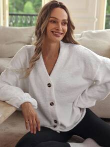 Louniche Cárdigan casual de mujer de cuello en V suelto con forro polar por un solo lado, suave y cómodo, para otoño/invierno - Blanco - Ver 5