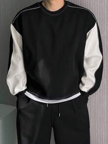 DAZY 男士撞色拼接保暖内衬套头衫，秋冬款 - 黑色 - 查看 4